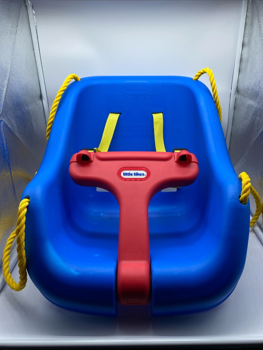 Little Tikes Blue and Red Baby Toddler Bucket Swing Seat with Yellow Ropes